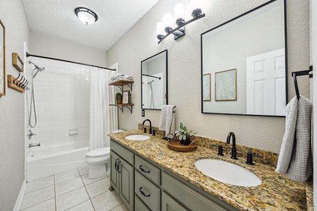18818 Webb Ln, Nevada, TX 75173 - full bathroom featuring shower / tub combo with curtain, tile patterned floors, double vanity, and toilet