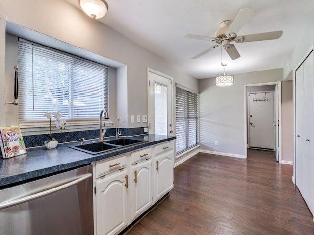 4552 Fremont Ln, Plano, TX 75093 - kitchen featuring a sink, stainless steel dishwasher, dark countertops, dark wood-style floors, and a ceiling fan
