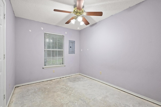 453 County Road 2521, Bonham, TX 75418 - unfurnished room with electric panel, unfinished concrete floors, baseboards, ceiling fan, and a textured ceiling