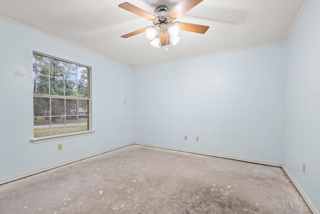 453 County Road 2521, Bonham, TX 75418 - empty room with crown molding, concrete flooring, ceiling fan, a textured ceiling, and baseboards