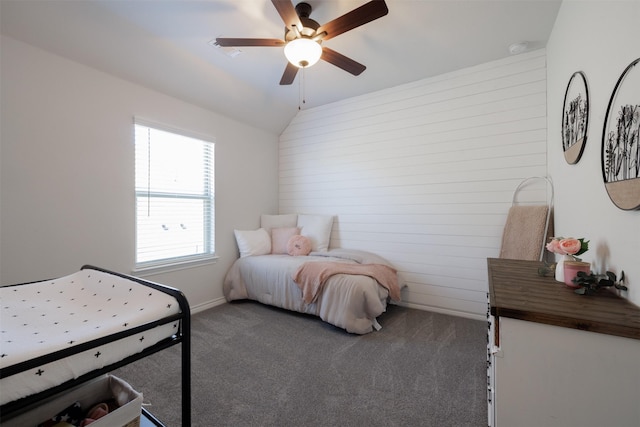 664 Fletcher Dr, Fate, TX 75087 - bedroom with carpet floors, vaulted ceiling, a ceiling fan, and baseboards