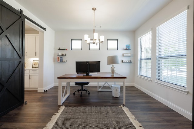 664 Fletcher Dr, Fate, TX 75087 - home office featuring a barn door, dark wood-style flooring, baseboards, and a chandelier