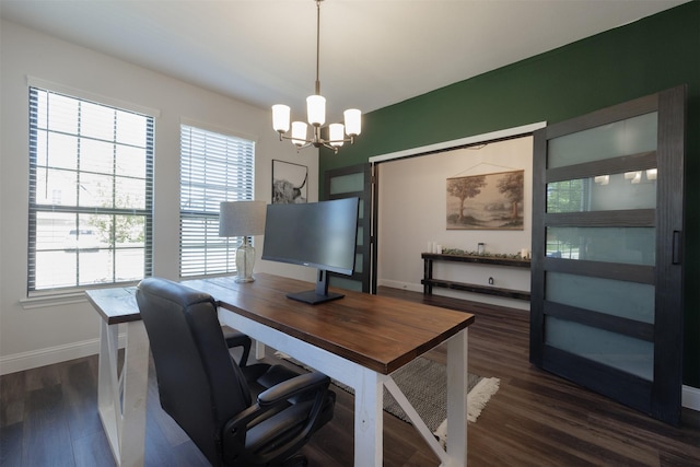 664 Fletcher Dr, Fate, TX 75087 - home office featuring a chandelier, healthy amount of natural light, baseboards, and dark wood-style floors