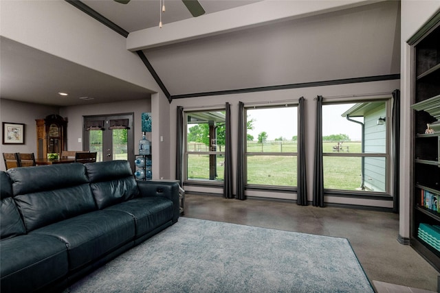14447 Warbler Ln, Haslet, TX 76052 - living room with vaulted ceiling, ceiling fan, recessed lighting, and concrete floors