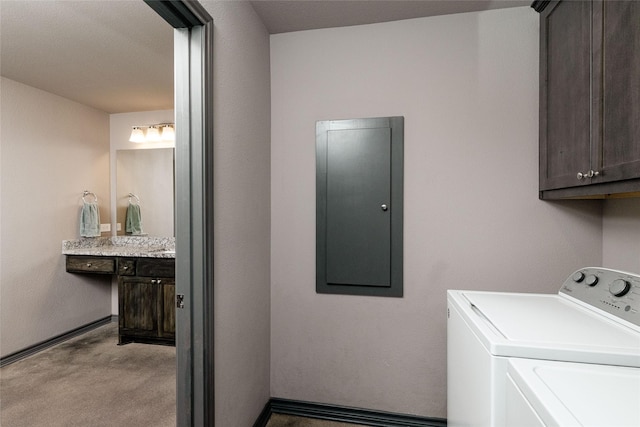 14447 Warbler Ln, Haslet, TX 76052 - washroom featuring cabinet space, electric panel, washer and dryer, and light carpet