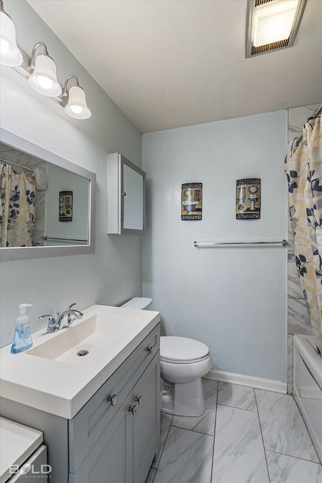 216 Settlers Park Dr, Shreveport, LA 71115 - full bath with vanity, toilet, marble finish flooring, and shower / bath combo with shower curtain
