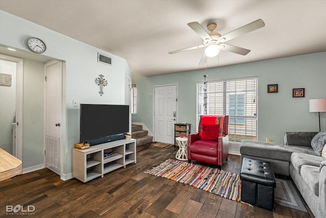 216 Settlers Park Dr, Shreveport, LA 71115 - living room featuring wood finished floors, stairway, a ceiling fan, and baseboards