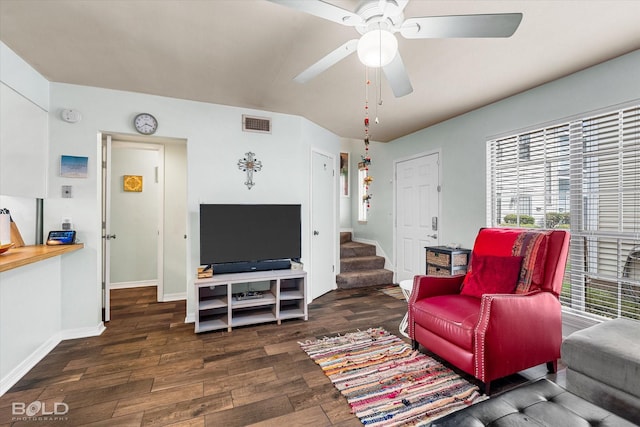 216 Settlers Park Dr, Shreveport, LA 71115 - living room with wood finished floors, a ceiling fan, stairway, and baseboards