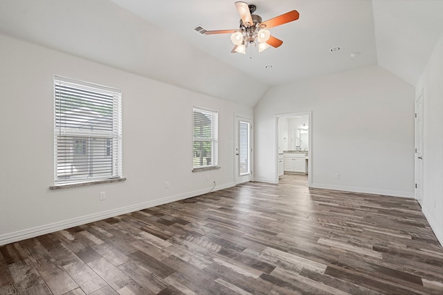 344 Clear Lake Ln, Weatherford, TX 76087 - empty room with ceiling fan, vaulted ceiling, wood finished floors, and baseboards