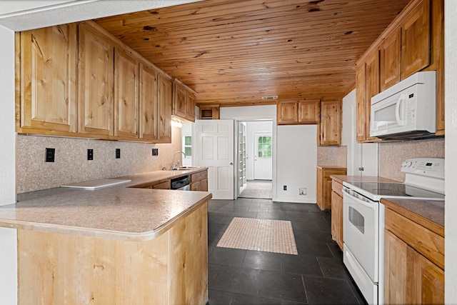 344 Clear Lake Ln, Weatherford, TX 76087 - kitchen featuring white appliances, wood ceiling, a peninsula, decorative backsplash, and a sink
