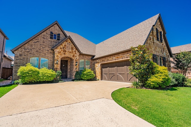 913 Colby Bluff Dr, Rockwall, TX 75087 - view of front of home with a shingled roof, stone siding, an attached garage, and concrete driveway