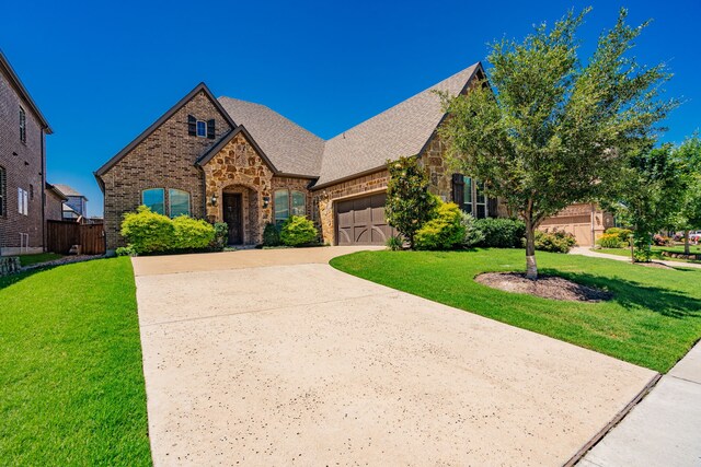 913 Colby Bluff Dr, Rockwall, TX 75087 - tudor-style house with concrete driveway, an attached garage, a front lawn, stone siding, and brick siding