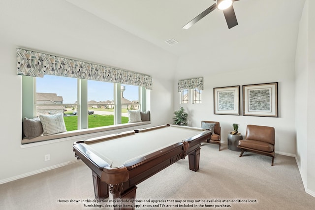 12605 Rocky Top Rd, Godley, TX 76044 - game room featuring carpet, billiards table, a ceiling fan, baseboards, and lofted ceiling