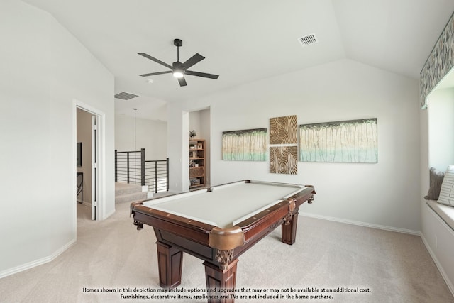 12605 Rocky Top Rd, Godley, TX 76044 - recreation room featuring vaulted ceiling, ceiling fan, light carpet, billiards, and baseboards