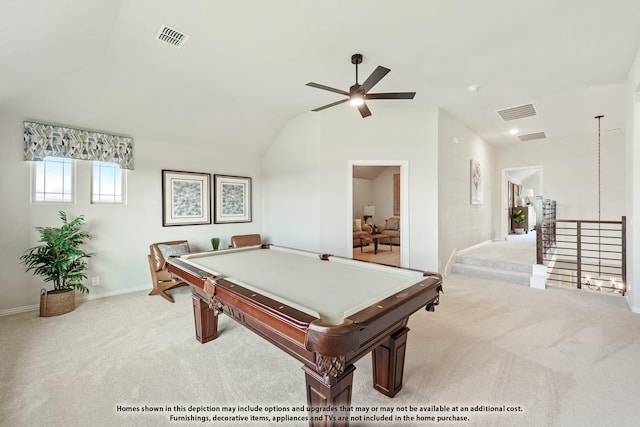 12605 Rocky Top Rd, Godley, TX 76044 - game room featuring carpet, a ceiling fan, lofted ceiling, billiards table, and baseboards