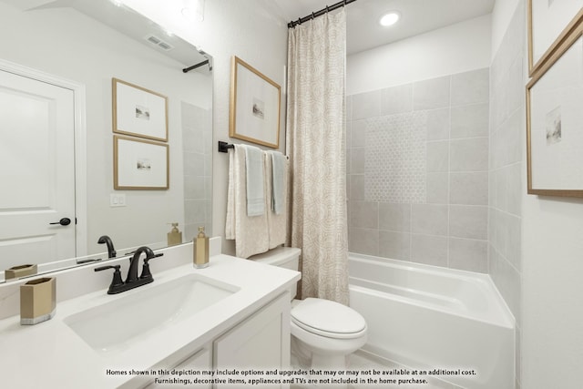 12605 Rocky Top Rd, Godley, TX 76044 - bathroom with toilet, vanity, shower / bath combo with shower curtain, and recessed lighting
