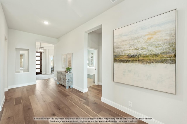 12605 Rocky Top Rd, Godley, TX 76044 - hall with hardwood / wood-style floors, a chandelier, baseboards, and recessed lighting