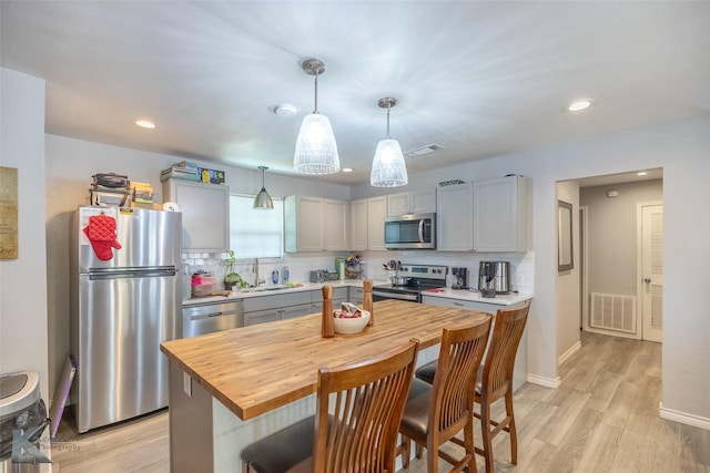 601 Westmoreland St, Abilene, TX 79603 - kitchen featuring stainless steel appliances, wooden counters, decorative backsplash, light wood-style floors, and recessed lighting