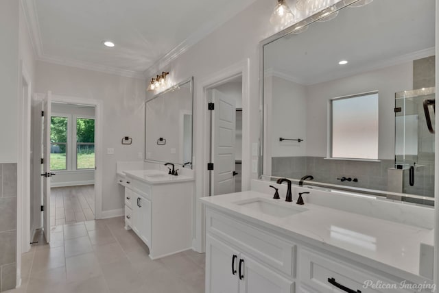 507 Cocodrie Dr, Bossier City, LA 71112 - full bathroom featuring two vanities, a shower stall, tile patterned floors, crown molding, and recessed lighting