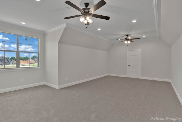 507 Cocodrie Dr, Bossier City, LA 71112 - additional living space featuring a ceiling fan, vaulted ceiling, baseboards, recessed lighting, and carpet floors