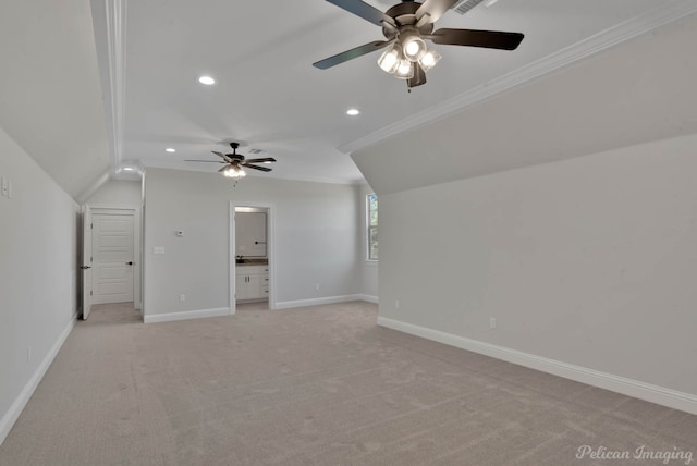507 Cocodrie Dr, Bossier City, LA 71112 - bonus room with ceiling fan, light colored carpet, recessed lighting, baseboards, and lofted ceiling
