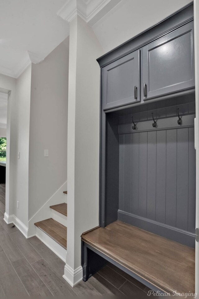 507 Cocodrie Dr, Bossier City, LA 71112 - mudroom with baseboards, dark wood finished floors, and ornamental molding