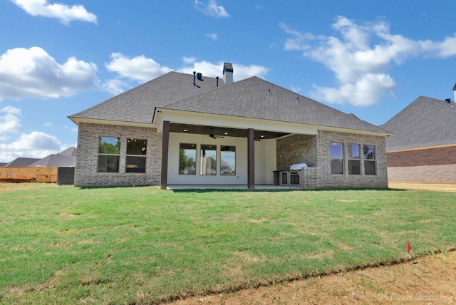 507 Cocodrie Dr, Bossier City, LA 71112 - rear view of property with brick siding, ceiling fan, a patio, a lawn, and a shingled roof