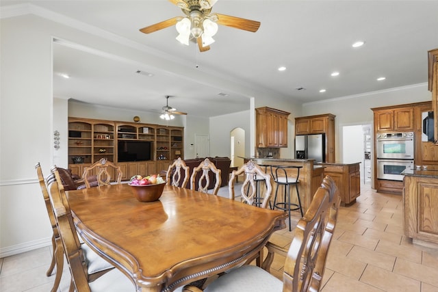 104 E Hidden Meadow Ct, Cresson, TX 76035 - dining room with a ceiling fan, light tile patterned floors, recessed lighting, crown molding, and baseboards
