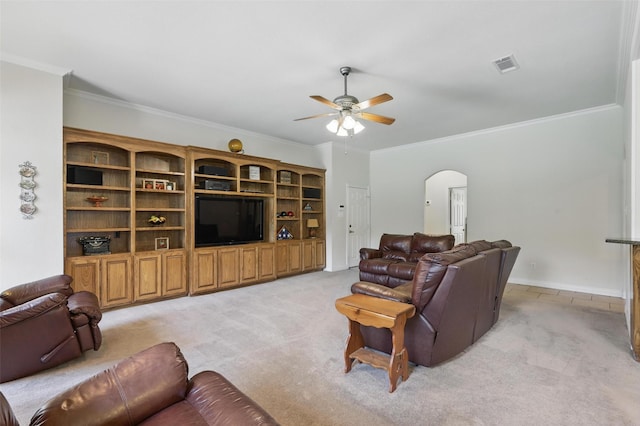 104 E Hidden Meadow Ct, Cresson, TX 76035 - living room with light colored carpet, arched walkways, ceiling fan, and crown molding