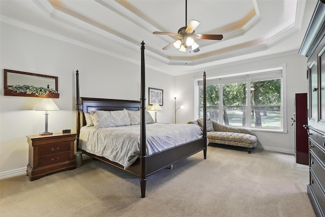 104 E Hidden Meadow Ct, Cresson, TX 76035 - bedroom with a tray ceiling, light colored carpet, baseboards, crown molding, and ceiling fan