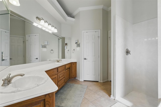 104 E Hidden Meadow Ct, Cresson, TX 76035 - bathroom featuring double vanity, crown molding, tile patterned floors, a shower, and baseboards