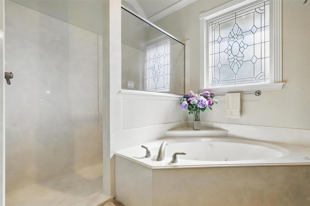 104 E Hidden Meadow Ct, Cresson, TX 76035 - full bath featuring a tub with jets, a walk in shower, and ornamental molding