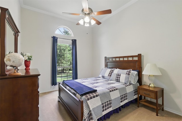 104 E Hidden Meadow Ct, Cresson, TX 76035 - carpeted bedroom featuring baseboards, crown molding, and ceiling fan