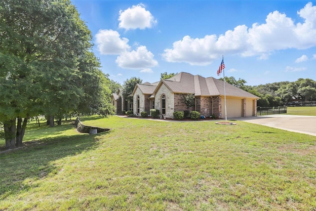 104 E Hidden Meadow Ct, Cresson, TX 76035 - french country inspired facade featuring an attached garage, driveway, and a front yard