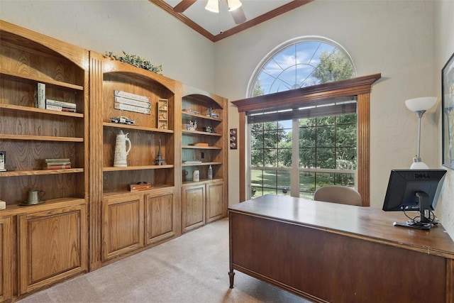 104 E Hidden Meadow Ct, Cresson, TX 76035 - office space with a ceiling fan, light carpet, crown molding, and lofted ceiling