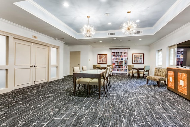6211 W NW Hwy Unit 1504, Dallas, TX 75225 - dining room featuring carpet floors, a raised ceiling, ornamental molding, recessed lighting, and a chandelier