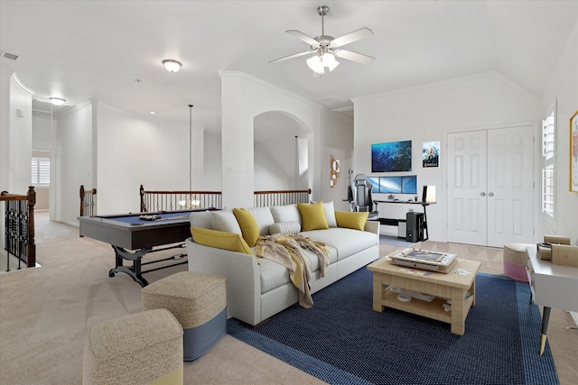 1127 Westminster Ave, Murphy, TX 75094 - living room featuring carpet floors, ceiling fan, billiards, vaulted ceiling, and ornamental molding