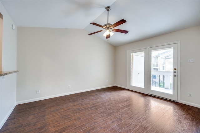 14277 Preston Rd Unit 524, Dallas, TX 75254 - unfurnished room featuring a ceiling fan, dark wood-style floors, vaulted ceiling, and baseboards