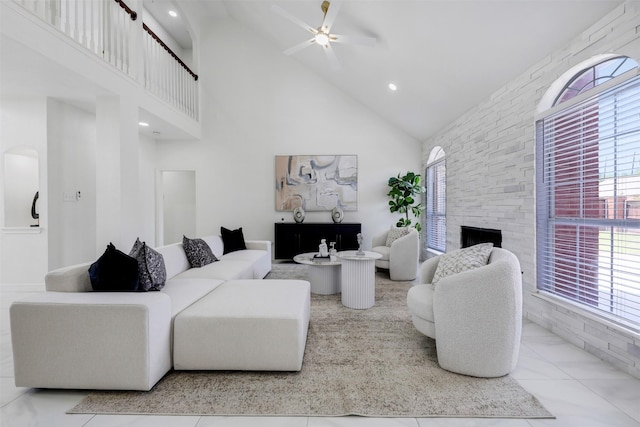 9320 Vista Cir, Irving, TX 75063 - living room featuring high vaulted ceiling, a ceiling fan, a stone fireplace, and recessed lighting