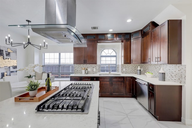 9320 Vista Cir, Irving, TX 75063 - kitchen featuring a sink, stainless steel appliances, island range hood, a chandelier, and plenty of natural light