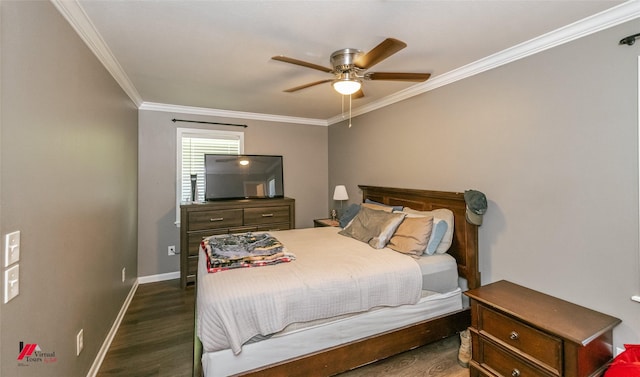 198 Seven Pines Rd, Benton, LA 71006 - bedroom featuring ornamental molding, dark wood finished floors, baseboards, and ceiling fan
