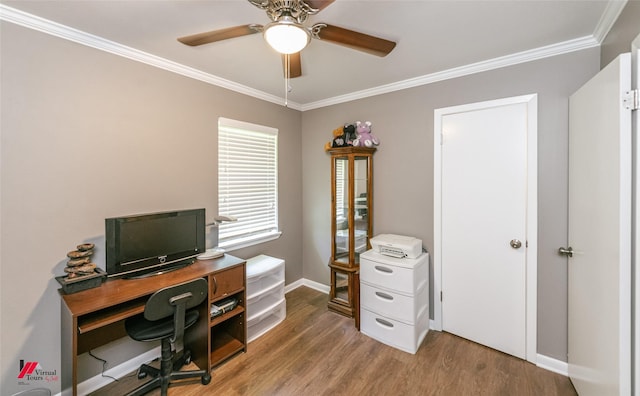 198 Seven Pines Rd, Benton, LA 71006 - office area featuring a ceiling fan, crown molding, light wood-style flooring, and baseboards