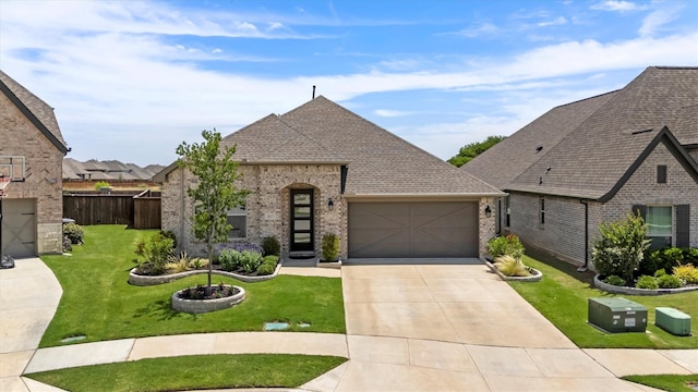 3817 Stonewood Dr, Little Elm, TX 75068 - french country home with a garage, brick siding, concrete driveway, and roof with shingles