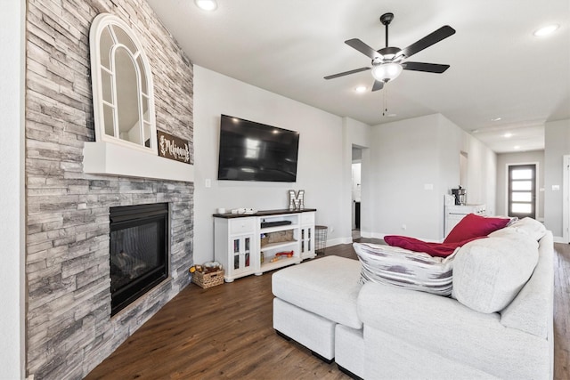 3817 Stonewood Dr, Little Elm, TX 75068 - living area featuring wood finished floors, a fireplace, a ceiling fan, recessed lighting, and baseboards
