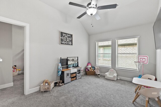 3817 Stonewood Dr, Little Elm, TX 75068 - playroom with carpet, lofted ceiling, ceiling fan, and baseboards