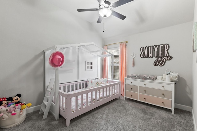 3817 Stonewood Dr, Little Elm, TX 75068 - carpeted bedroom with a crib, lofted ceiling, baseboards, and ceiling fan