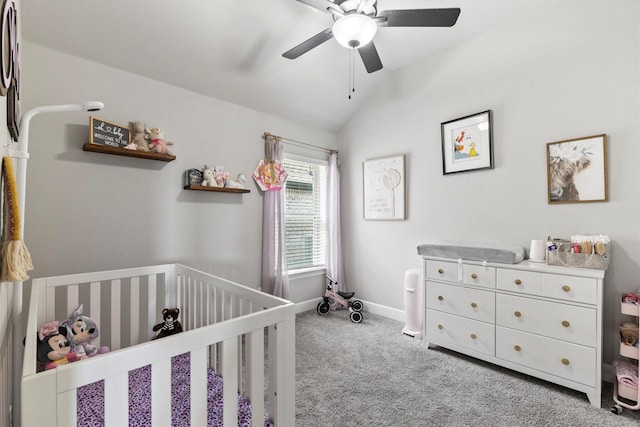 3817 Stonewood Dr, Little Elm, TX 75068 - bedroom with a nursery area, carpet flooring, vaulted ceiling, baseboards, and a ceiling fan