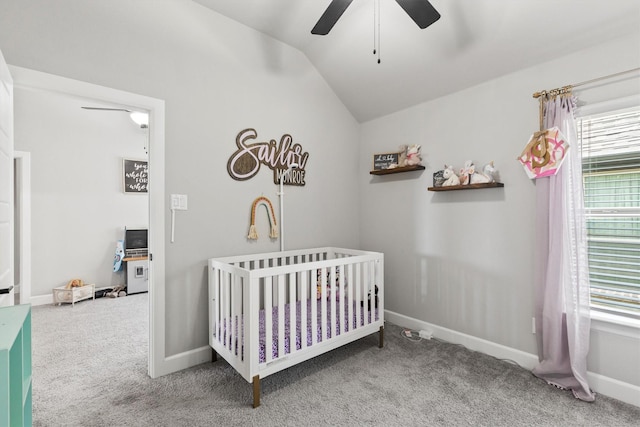 3817 Stonewood Dr, Little Elm, TX 75068 - bedroom with vaulted ceiling, a nursery area, carpet floors, baseboards, and ceiling fan