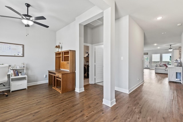 3817 Stonewood Dr, Little Elm, TX 75068 - office with a ceiling fan, dark wood-type flooring, recessed lighting, and baseboards