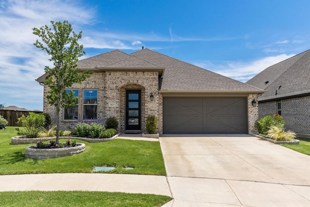 3817 Stonewood Dr, Little Elm, TX 75068 - french provincial home with a garage, brick siding, concrete driveway, and a front lawn